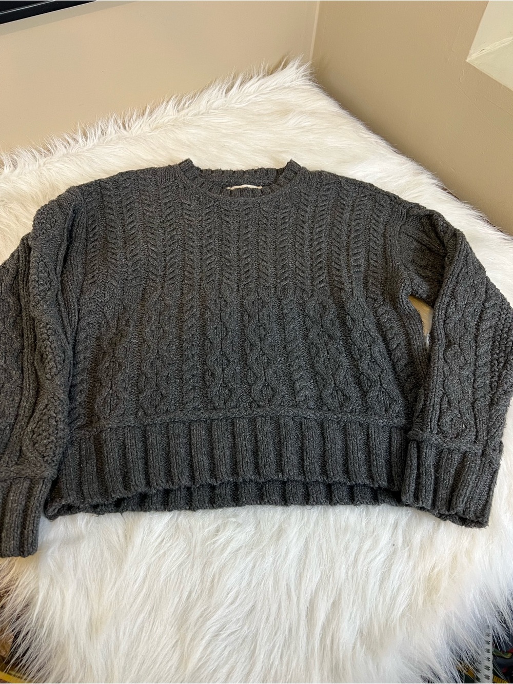 Lucky brand cropped chunky cotton cable knit fisherman sweater grey medium - Picture 4 of 11